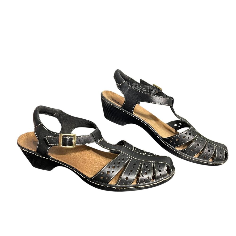 Clarks Sandals Womens Size 9 Black Leather T-Strap Slingback Low Wedge 26095E108 - Picture 2 of 14